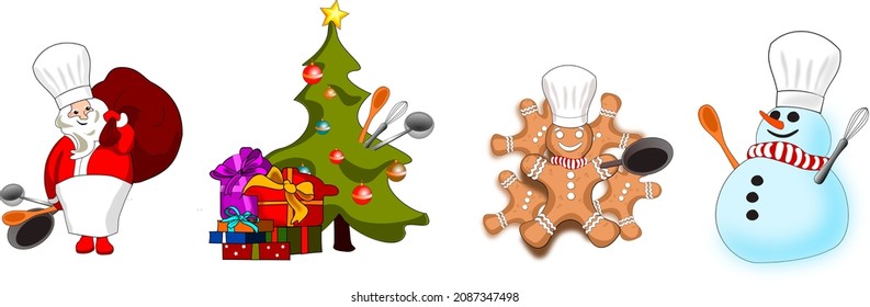 Set of vector illustrations of Christmas and chef cook, Santa Claus with apron and cap, Christmas tree with cooking utensils and pans, Gingerbread Man with frying pan, Snowman with whisk, wooden spoon