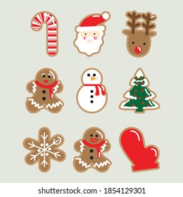 a set of vector illustrations Christmas cookies, santa, gift, deer, snowman, tree, gingerbread, cute cookies collection