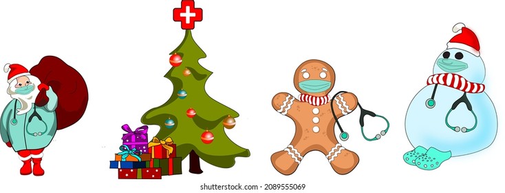 Set of vector illustrations of Christmas, doctors, nurses, Santa Claus wearing mask and stethoscope, Christmas tree with medical cross, Gingerbread and snowman with mask, stethoscope, medical shoes