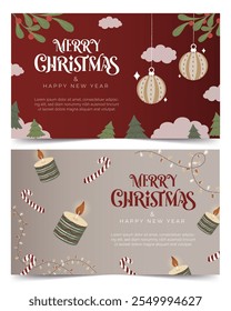 A set of Vector illustrations of Christmas greeting cards featuring holiday ornaments, candles, candy canes, and decorative elements on festive backgrounds