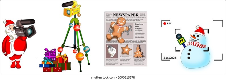 Set of vector illustrations of Christmas and journalists, Santa Claus with digital video camera and microphone, tripod Christmas tree, Gingerbread Man in newspaper, Snowman in camera viewfinder.