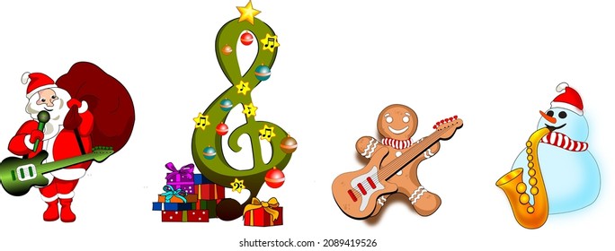 Set of vector illustrations of Christmas and musicians, Santa Claus singing with guitar and microphone, Treble clef Christmas tree, Gingerbread man with electric guitar, Snowman with saxophone
