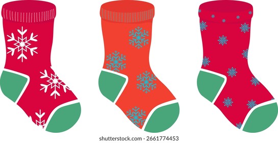 Conjunto de Ilustraciones vectoriales de Navidades de calcetines rojos con copos de nieve.
