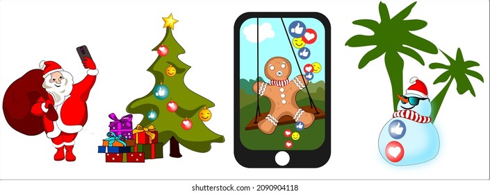 Set of vector illustrations of Christmas and social media influencer, Santa Claus with smartphone, Christmas tree with like and love symbols, Gingerbread Man in a swing, Snowman with palm trees