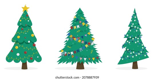 Set of vector illustrations of Christmas trees. Three images of fir trees in different styles. Christmas tree decorations: balls, toys, paper and glowing garlands. New Year's and Christmas