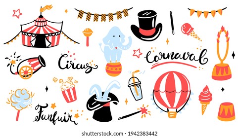 A set vector illustrations the circus  elephant  tent  ice cream  popcorn  doodle  hand drawing  