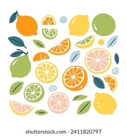 Un conjunto de ilustraciones vectoriales de cítricos y hojas, imágenes de naranja, limón, lima, pomelo, mandarina y hojas, iconos planos de color para el diseño.