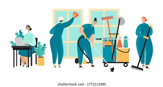 Set of vector illustrations of a cleaning service with a call center operator and women in uniform washing windows and floor, vacuuming carpet. Cleaning trolley. Cartoons in a flat style.