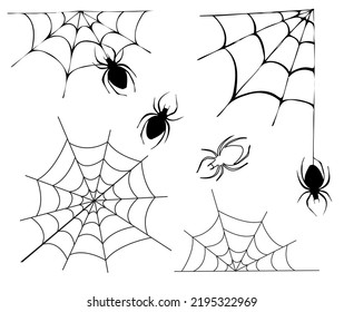 Set of vector illustrations of cobwebs and spiders.