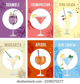 Set of vector illustrations of cocktails on colored backgrounds. Summer card, flyer, banner, illustration for print, for menu cover, bar card.