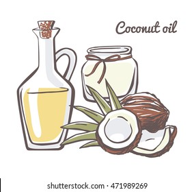 Set of vector illustrations Coconut oil. Hand drawn coco with leaves, glass bottle and jar. Doodle objects isolated on white background.