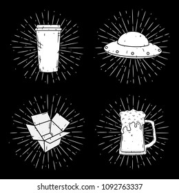 Set of vector illustrations -  coffee cup, UFO, box and glass of beer with divergent rays. Used for poster, banner, web, t-shirt print, bag print, badges, pilot, logo design and more.