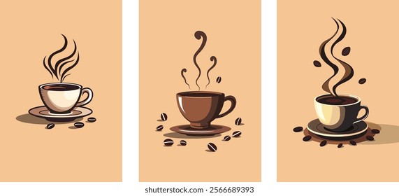 Set of vector illustrations of coffee cups with rising steam isolated on a white background