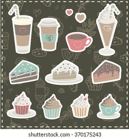 Set of vector illustrations of coffee and desserts. Cute design for Valentine's Day