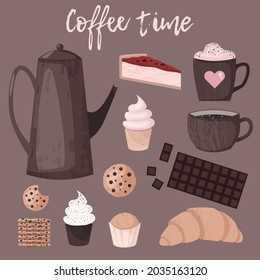 Set of vector illustrations coffee time desserts. Teapot, cup of americano, latte, croissant, cookies, cupcakes, muffin, cookies, cheesecake, chocolate bar. Cartoon flat style