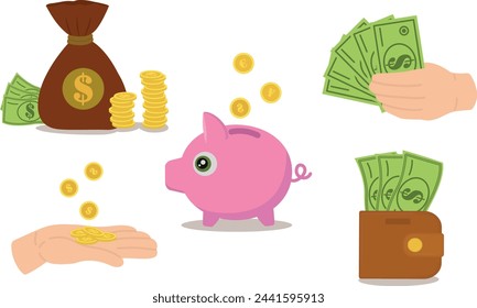 Un conjunto de ilustraciones vectoriales, monedas, billetes, un bolso con billetes de dólar, una mano con dinero, una alcancía y una bolsa de dinero, ahorros en efectivo. Ilustración empresarial.