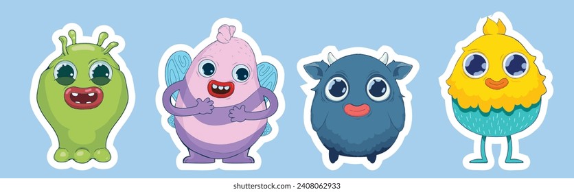 Set of vector illustrations. Collection of bright and cute monsters isolated on a white background. Suitable for children's products and advertising, comics, education.