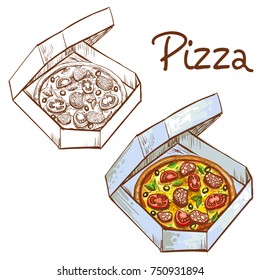 Set of vector illustrations of color and black and white whole pizza in a take-away box isolated on a white background. Template, design element, print, advertising.