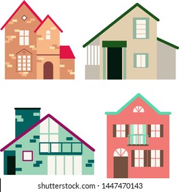 Set of vector illustrations of  colored houses. Living buildings, village architecture. 