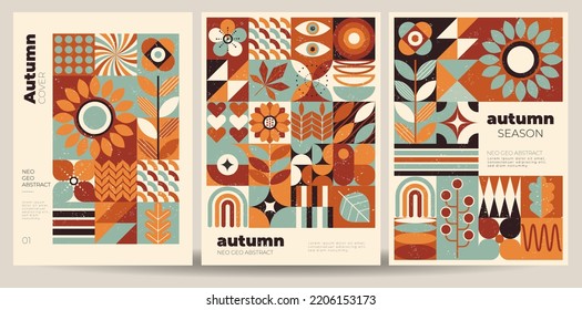  Set of vector illustrations with colorful abstract geometric shapes and grange texture. Simple minimalist neo geo design. Autumn season. Useful for cover, flyer, poster, prints.