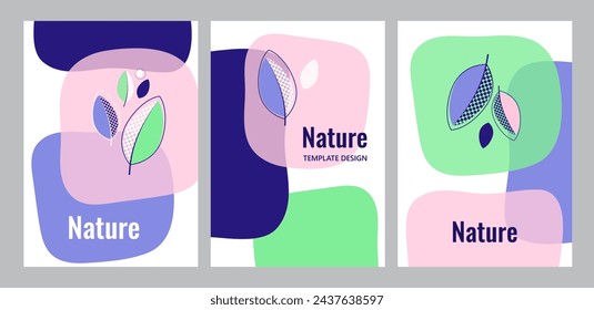Conjunto de ilustraciones vectoriales con hojas abstractas coloridas y formas geométricas. Plantillas de diseño de moda, estilo moderno. Útil para portada, volante, póster. Ilustración de vector