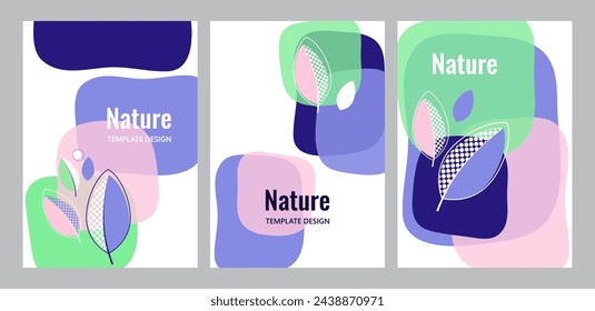 Conjunto de ilustraciones vectoriales con hojas abstractas coloridas y formas geométricas. Plantillas de diseño de moda, estilo moderno. Útil para portada, volante, póster. Ilustración de vector