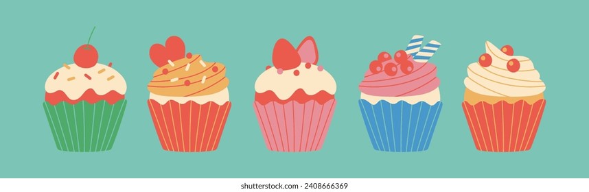 A set of vector illustrations of colorful cupcakes in a retro and pop design.	