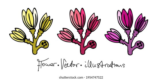 Set of vector illustrations of colorful flowers with an inscription. Hand drawn icon and symbol for print, poster, sticker, card design. Doodle design elements. 