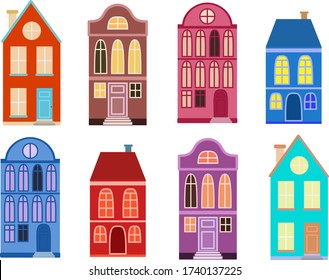 Set of vector illustrations of colorful houses in the European style.