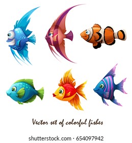 Set of vector illustrations of colorful marine fish isolated on white background. Sea life. Fish clown, red, green fish. Orange fish.