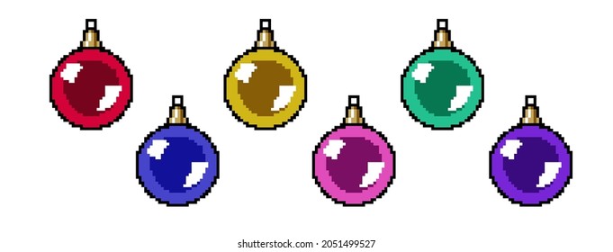 Set of Vector Illustrations. Colorful Pixel Christmas Balls. Six different Color Toys. Retro Minimalistic Style. Happy New Year, Xmas. Holiday, Event, Celebration, Decoration