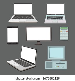 A set of vector illustrations of computers, tablet, laptops, calculator, display and other office equipment