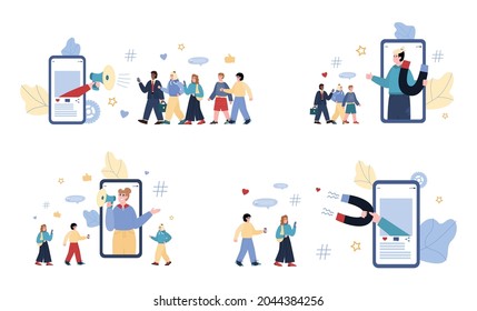 Set of vector illustrations for concept of advertising influence marketing. People with megaphone and magnet attractive followers in internet. Online promotion of business.