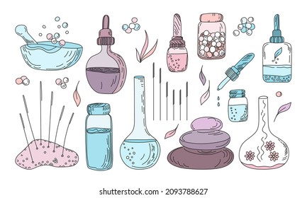 Set of vector illustrations of the concept of alternative medicine and homeopathy. Pestle and mortar, leaves, granules, oil bottles, aromatherapy treatment symbols.