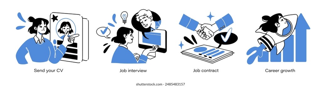 A set of vector illustrations of a concept for head hunting. Recruitment agency, interview, employee for hire, employment contract, list of vacancies, resume, CV, vacant position.