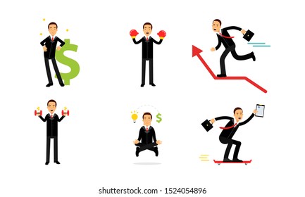 Set Of Vector Illustrations With Concept Of Real Businessmen Usual Routine