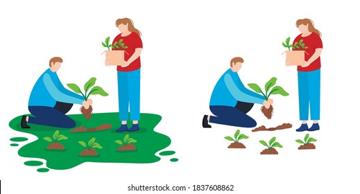 Set of vector illustrations. The concept of reforestation. Forest restoration, , tree planting, environment day. Characters plant seedlings. Organic farming saves the environment of the Earth.