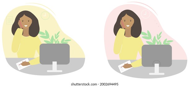 Un conjunto de ilustraciones vectoriales. Un consultor, un administrador de una computadora, proporciona asistencia telefónica en el lugar de trabajo. Trabajar en línea. Una mujer habla por teléfono.