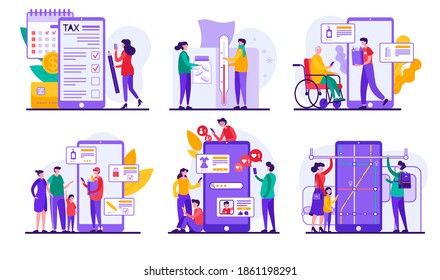 Set of vector illustrations of contemporary cartoon men and women doing everyday activities online and in real life during epidemic