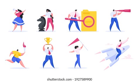 Set of vector illustrations with contemporary cartoon people in casual clothes achieving great success in various spheres of modern human life