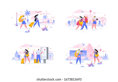 Set of vector illustrations with contemporary male and female tourists visiting various places of interest during summer journey in foreign countries - Shutterstock ID 1673815693