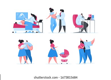 Set of vector illustrations of contemporary pregnant woman visiting fertility clinic and taking care of newborn child after labor with boyfriend. Flat cartoon people vector illustration