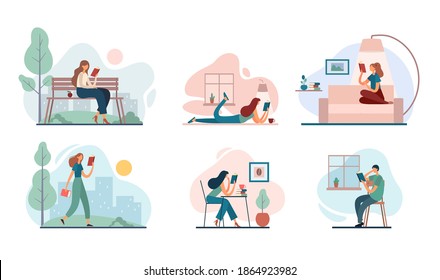 Set of vector illustrations with contemporary women and man reading fascinating stories in books while spending free time on street and at home
