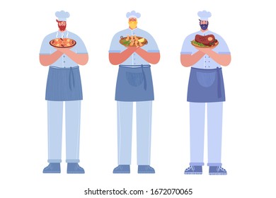 Set of vector illustrations of cooks with various dishes.