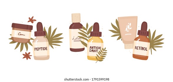 Set of vector illustrations. Cosmetic packaging and tropical leaves. Anti-aging cosmetics. Handwritten inscription antioxidant, peptide, retinol. Active ingredients, dermatology, and cosmetology