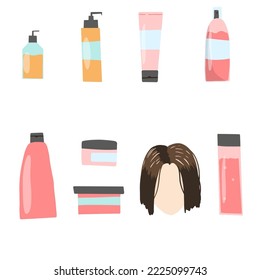 Set of vector illustrations of cosmetics for hair care. Creams, shampoos, balms, hair care clipart.