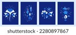 Set of vector illustrations of cosmic underwater creatures. Marine life decorated with constellations, stars, planets. Magic space sea designs for posters, notebook covers. Blue colors