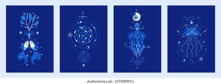 Set of vector illustrations of cosmic underwater creatures. Marine life decorated with constellations, stars, planets. Magic space sea designs for posters, notebook covers. Blue colors svg