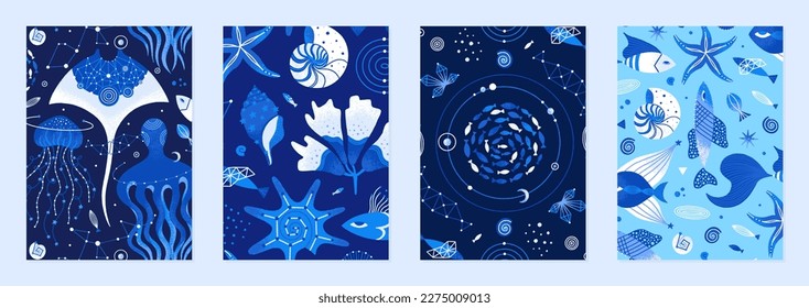Set of vector illustrations of cosmic underwater creatures. Marine life decorated with constellations, stars, planets. Magic space sea designs for posters, notebook covers. Blue and white colors