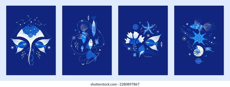 Set of vector illustrations of cosmic underwater creatures. Marine life decorated with constellations, stars, planets. Magic space sea designs for posters, notebook covers. Blue colors